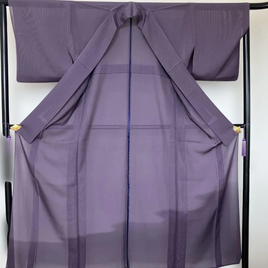 Summer Kimono, Ro (gauze weave), Purple, Solid Color Kimono, Family Crest: Maru ni Mokko (circular design with a quince flower), T size